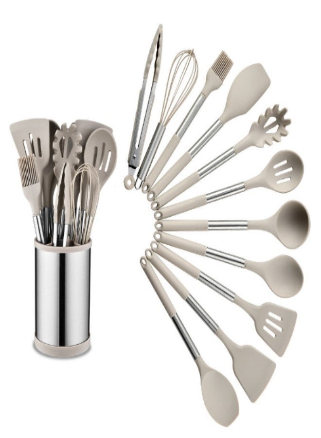 WOKi New 12-Piece Khaki Silicone Kitchen Utensil Set with Stainless Steel Storage Stand, 230°C Heat Resistant Non-Scratch, Safe for Non-Stick Cookware for Home Cooking & BBQ in UAE - Image 1