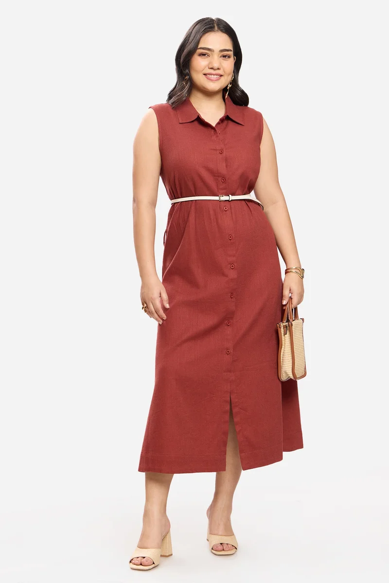 فيرجيو Solid Cotton Sleeveless Midi Shirt Plus Size Dress for Women