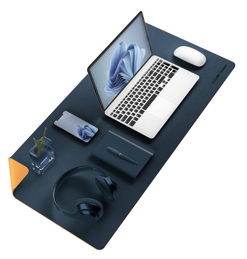 V-CUBE Designs Premium Vegan Leather Dual Color Desk Mat 75X40cm 1.8mm Thick| Laptop Mat/Extended Large Mouse Pad, Reversible Deskspread |High Tear/Peel Strength|Anti-Slip,Splash-Proof| Blue&Yellow - Image 1