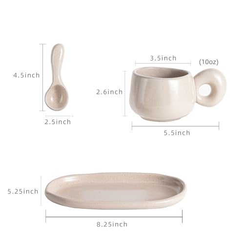 Uaral Ceramic Coffee Mugs Set,Cups Set with Saucer and Spoon for Coffee/Tea Break,Latte Breakfast.10oz Coffee Mug,8inch Ceramic Serving Tray and Spoon.3 Piece,Matte Cream - Image 4