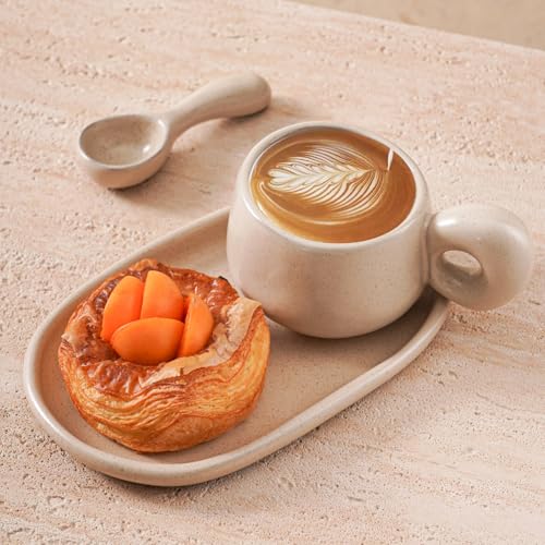 Uaral Ceramic Coffee Mugs Set,Cups Set with Saucer and Spoon for Coffee/Tea Break,Latte Breakfast.10oz Coffee Mug,8inch Ceramic Serving Tray and Spoon.3 Piece,Matte Cream - Image 3