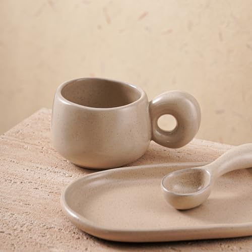Uaral Ceramic Coffee Mugs Set,Cups Set with Saucer and Spoon for Coffee/Tea Break,Latte Breakfast.10oz Coffee Mug,8inch Ceramic Serving Tray and Spoon.3 Piece,Matte Cream - Image 1