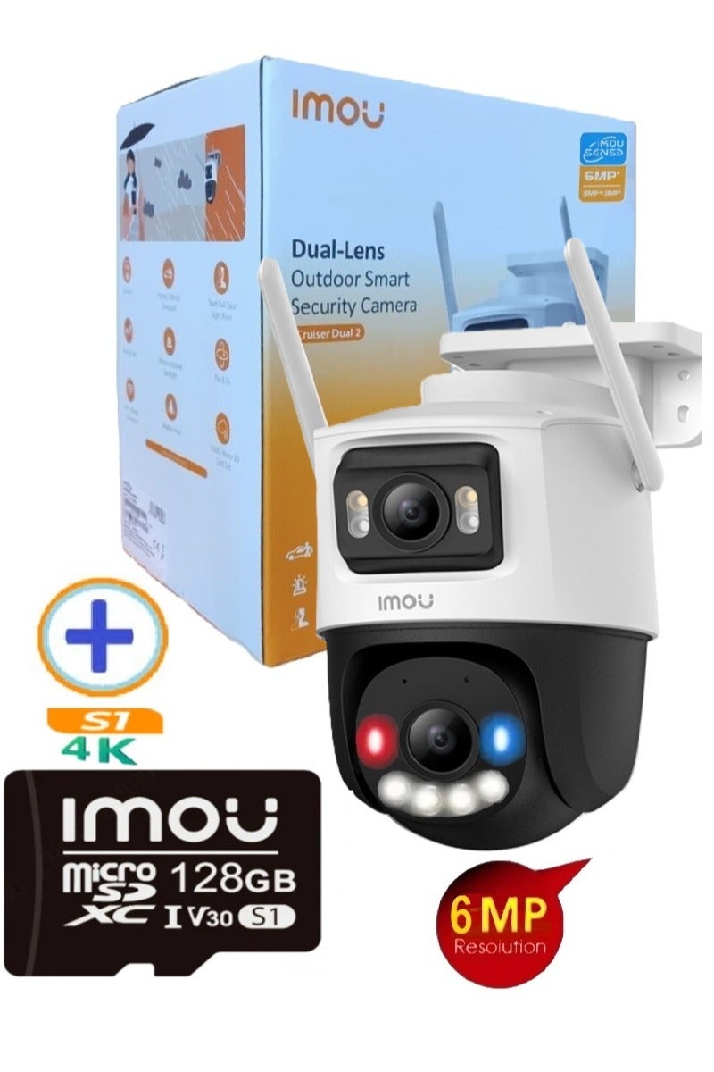 ايمو كاميرا مراقبة خارجية 3K بتقنية واي فاي مزدوجة العدسات دقة 6 ميجابكسل (عدسة ثابتة 3MP وعدسة 3MP PT)، رؤية ليلية ملونة تصل إلى 30 مترًا، اكتشاف الشخص والمركبة بتقنية الذكاء الاصطناعي، تتبع PT التلقائي، صوت ثنائي الاتجاه، صفارة إنذار مدمجة مقاومة للماء والغبار مع حماية احترافية لمواجهة أي عاصفة + بطاقة ذاكرة ميكرو SDXC فائقة السرعة بسعة 128 جيجابايت من أيمو - Image 1
