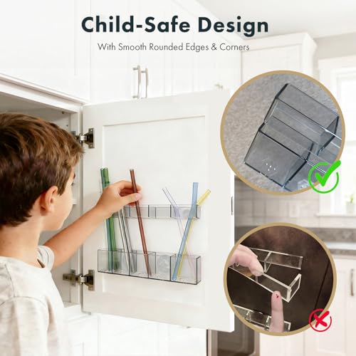 Colormz Acrylic Straw Holder for Cabinet Door - Child-Safe Organizer & Dispenser with Smooth Rounded Edges for Kitchen Accessories Storage, Adhesive Circles Included (Dark Transparent) - Image 3