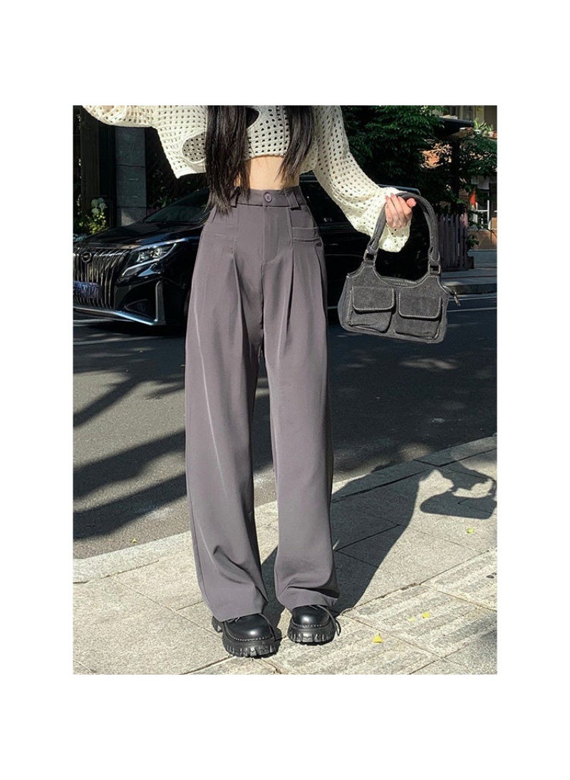 Generic High Waist Drapey Wide Leg Suit Pants Straight Cut Womens Fashion Loose Long Trousers Autumn Casual Polyester Fabric Grey (regular length) 