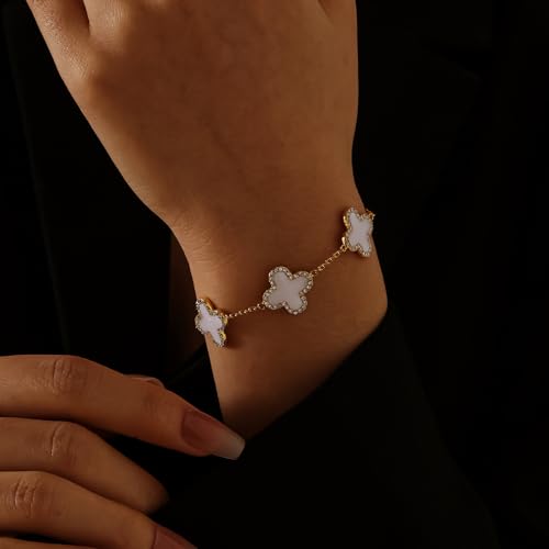 Qitian Four Leaf Clover Bracelet for Women White Lucky Link Clover Bracelets, Trendy 18K Gold Bracelets Set Jewelry Gifts for Women. - Image 4