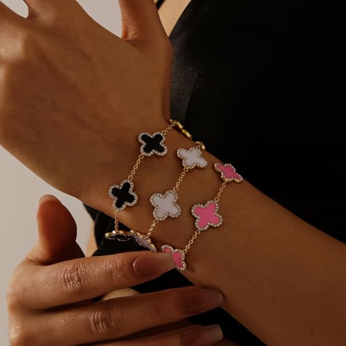 Qitian Four Leaf Clover Bracelet for Women White Lucky Link Clover Bracelets, Trendy 18K Gold Bracelets Set Jewelry Gifts for Women. - Image 3