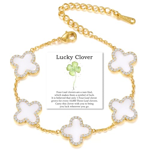 Qitian Four Leaf Clover Bracelet for Women White Lucky Link Clover Bracelets, Trendy 18K Gold Bracelets Set Jewelry Gifts for Women. - Image 1