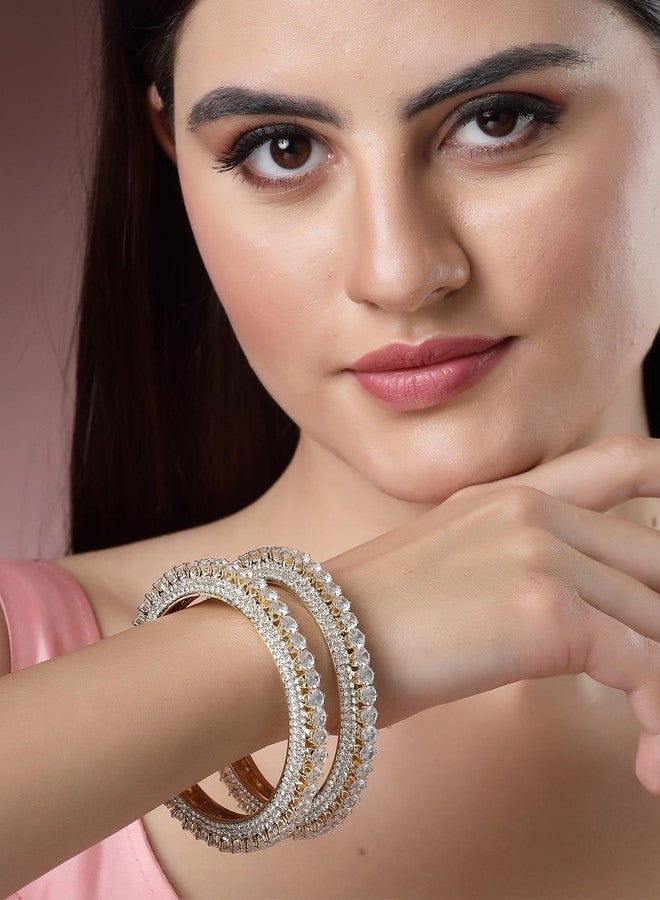Karatcart Set of 2 Gold Plated Round American Diamond Studded Bangles for Women - Image 3