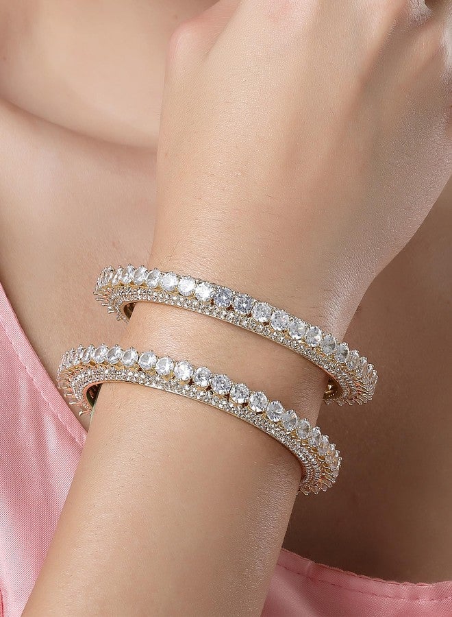 Karatcart Set of 2 Gold Plated Round American Diamond Studded Bangles for Women - Image 2