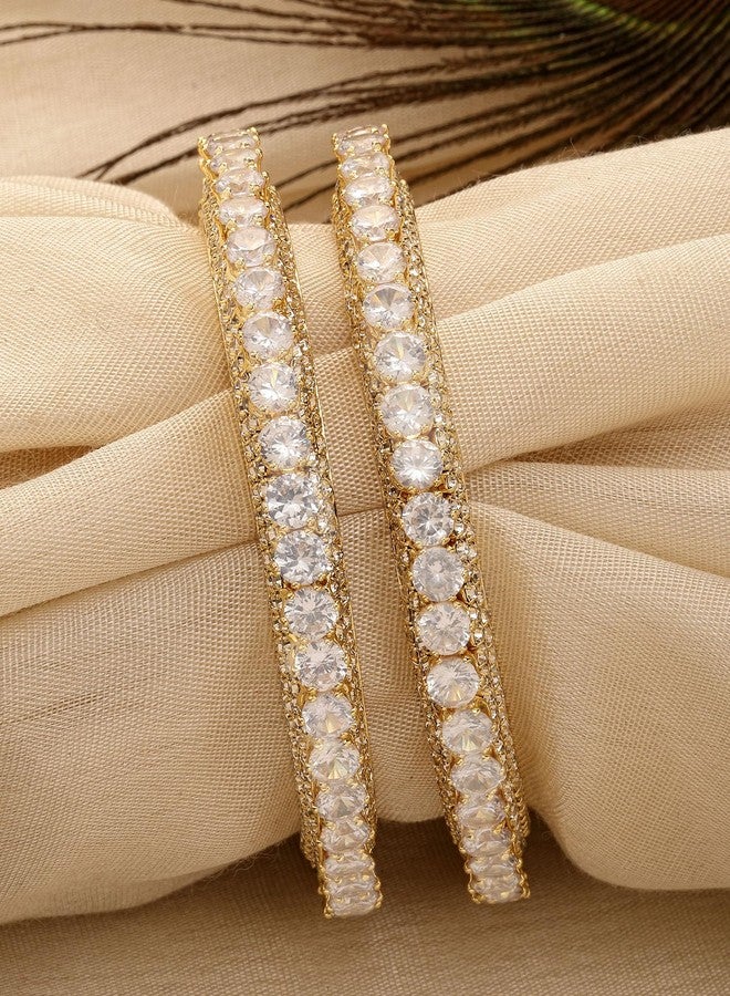 Karatcart Set of 2 Gold Plated Round American Diamond Studded Bangles for Women - Image 4