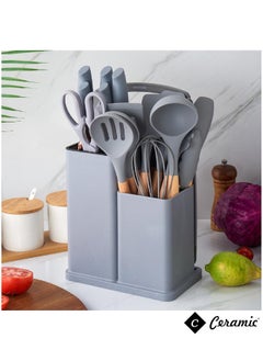CERAMIC Kitchen Utensils Set of 19 Silicone Cooking Utensils with Holder Non stick Cookware Friendly And Heat Resistant Grey  - Image 3
