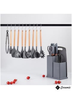 CERAMIC Kitchen Utensils Set of 19 Silicone Cooking Utensils with Holder Non stick Cookware Friendly And Heat Resistant Grey  - Image 4