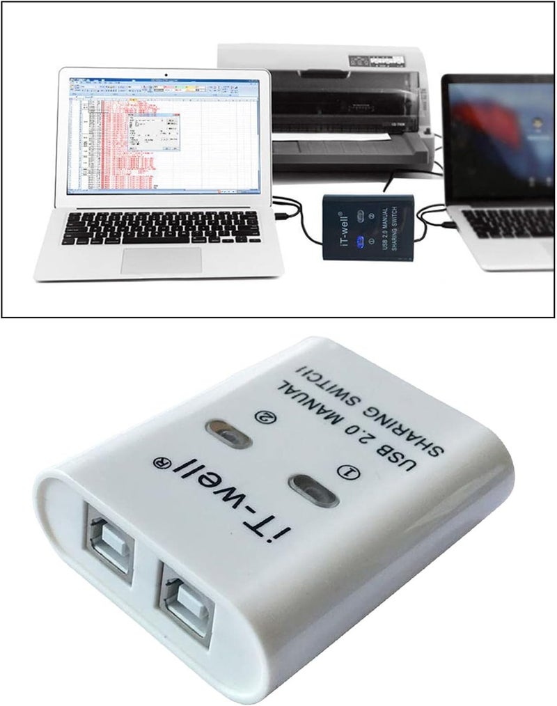 Portable 2 in 1 Out Splitter USB Printer Sharing Plug And Play, White, 60 x 70 x 20mm - Image 2