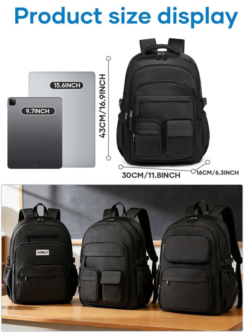 School Backpack for Women Men, Large Capacity Middle School backpacks, Lightweight Bookbag for Teens Boys Girls, Waterproof College Backpack with lots of Pockets, Black - Image 3