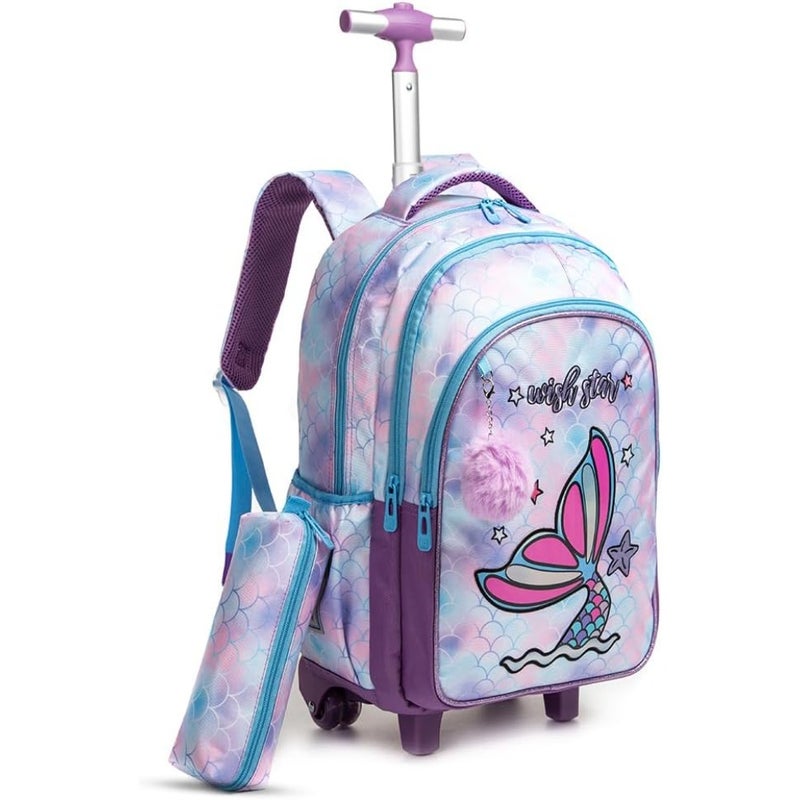 18Inch Set of 3 Trolley School Bag with Lunch Bag and Pencil Case Mermaid - Purple - Image 3