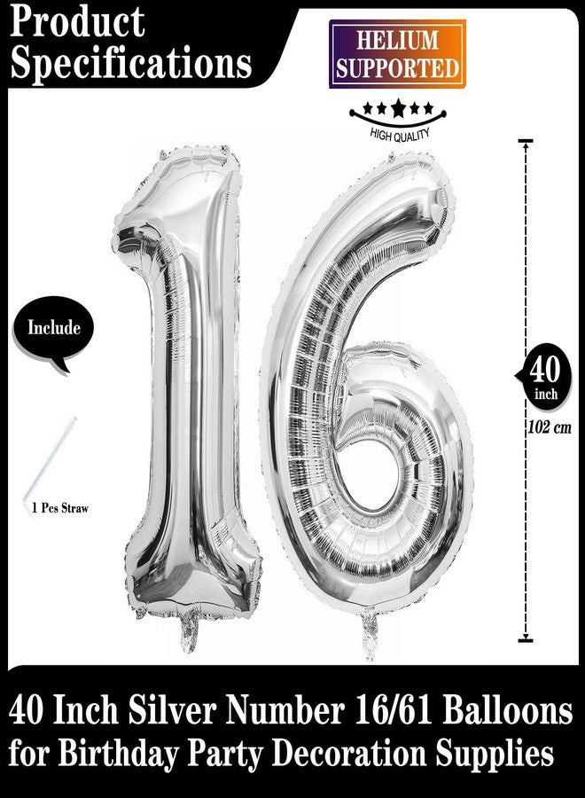 Lovoir Silver 16 Number Balloons, 40 Inch Giant Number 16 Balloons Foil Mylar Helium Silver Number Balloons for 16th Birthday Party Supplies Anniversary Event Celebration Decorations - Image 2