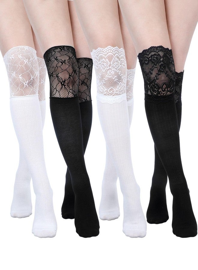 جوارب نسائية طويلة تصل إلى الركبة من الدانتيل من فورلوو، 4 أزواج، جوارب طويلة بنمط كاواي دانتيل، جوارب لوليتا (أسود وأبيض) - Image 1