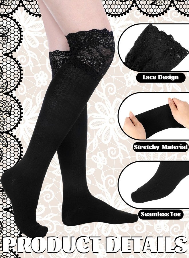 جوارب نسائية طويلة تصل إلى الركبة من الدانتيل من فورلوو، 4 أزواج، جوارب طويلة بنمط كاواي دانتيل، جوارب لوليتا (أسود وأبيض) - Image 3
