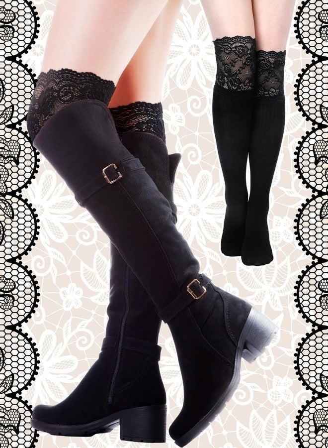 جوارب نسائية طويلة تصل إلى الركبة من الدانتيل من فورلوو، 4 أزواج، جوارب طويلة بنمط كاواي دانتيل، جوارب لوليتا (أسود وأبيض) - Image 5