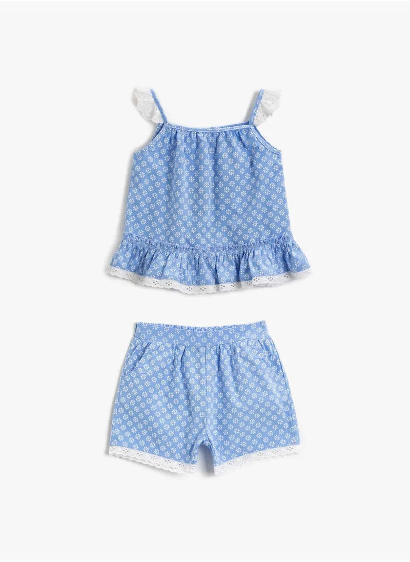 KOTON Floral Shorts Cotton Laced Detail