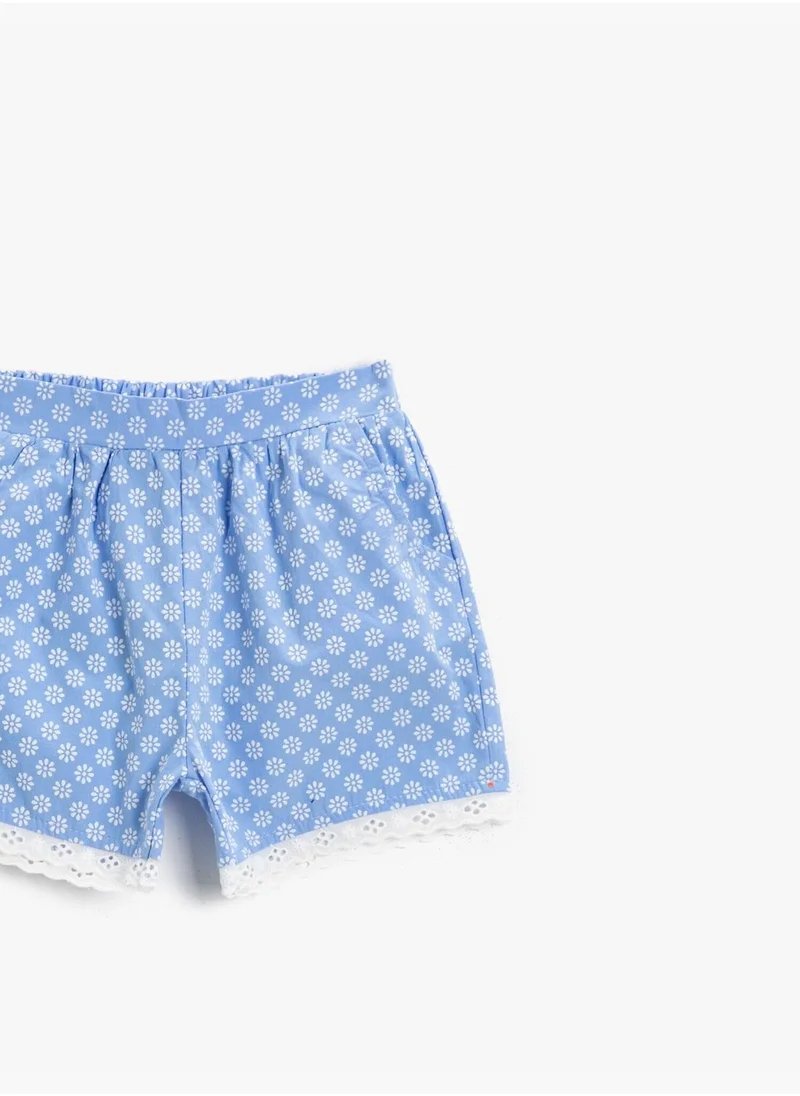 KOTON Floral Shorts Cotton Laced Detail