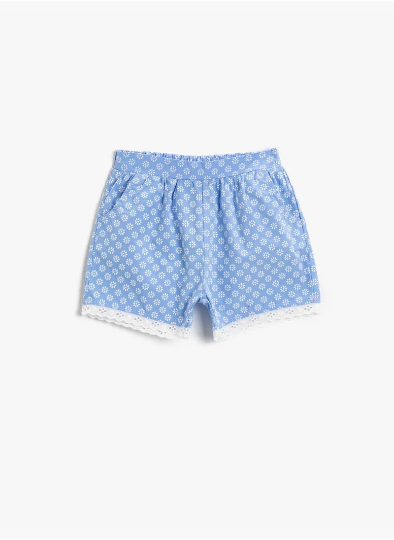 KOTON Floral Shorts Cotton Laced Detail