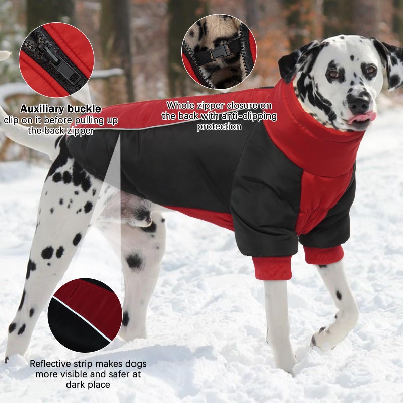 IDOMIK Reversible Dog Winter Coat, Thick Warm Dog Coat with Leopard Fleece Lining&Zipper, Adjustable High Collar Waterproof Jacket, Reflective Pet Cold Weather Coats for Large Dogs,Red,XL - Image 4