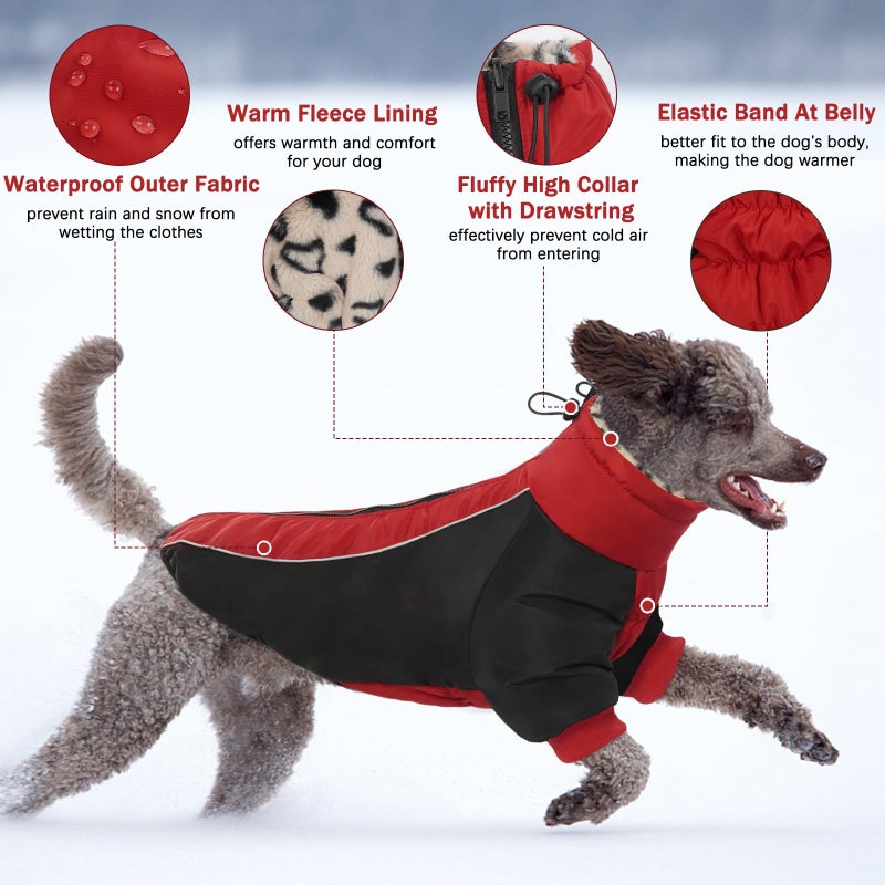 IDOMIK Reversible Dog Winter Coat, Thick Warm Dog Coat with Leopard Fleece Lining&Zipper, Adjustable High Collar Waterproof Jacket, Reflective Pet Cold Weather Coats for Large Dogs,Red,XL - Image 3