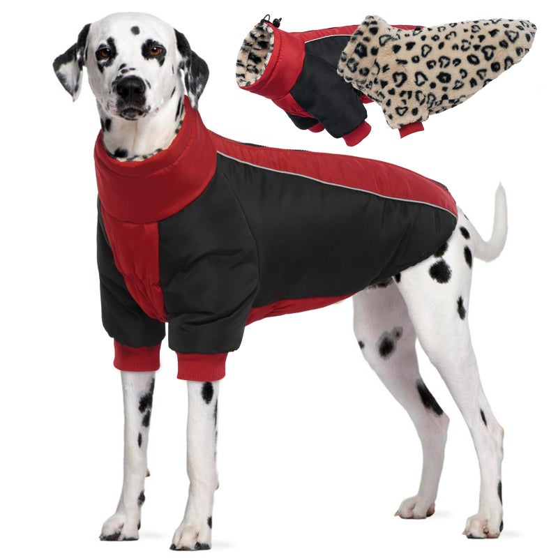 IDOMIK Reversible Dog Winter Coat, Thick Warm Dog Coat with Leopard Fleece Lining&Zipper, Adjustable High Collar Waterproof Jacket, Reflective Pet Cold Weather Coats for Large Dogs,Red,XL - Image 1