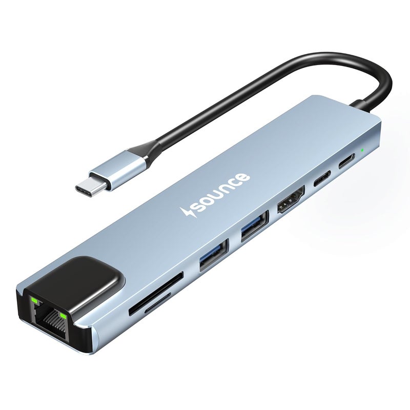 Sounce محطة توصيل USB-C 8 في 1 | محول ألومنيوم من نوع C مع HDMI بدقة 4K، Ethernet بسرعة 100Mbps، USB 3.0، شحن PD بقوة 100W، قارئ بطاقات TF/SD | عالمي لأجهزة USB-C من ماك وويندوز - Image 1
