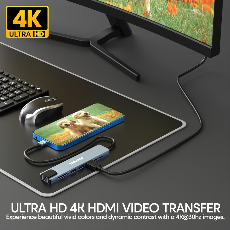 Sounce محطة توصيل USB-C 8 في 1 | محول ألومنيوم من نوع C مع HDMI بدقة 4K، Ethernet بسرعة 100Mbps، USB 3.0، شحن PD بقوة 100W، قارئ بطاقات TF/SD | عالمي لأجهزة USB-C من ماك وويندوز - Image 5