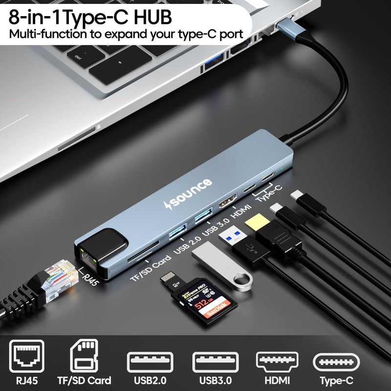 Sounce محطة توصيل USB-C 8 في 1 | محول ألومنيوم من نوع C مع HDMI بدقة 4K، Ethernet بسرعة 100Mbps، USB 3.0، شحن PD بقوة 100W، قارئ بطاقات TF/SD | عالمي لأجهزة USB-C من ماك وويندوز - Image 2