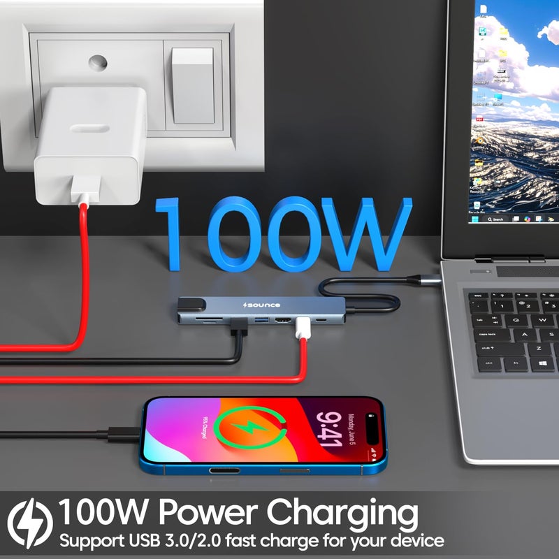 Sounce محطة توصيل USB-C 8 في 1 | محول ألومنيوم من نوع C مع HDMI بدقة 4K، Ethernet بسرعة 100Mbps، USB 3.0، شحن PD بقوة 100W، قارئ بطاقات TF/SD | عالمي لأجهزة USB-C من ماك وويندوز - Image 4