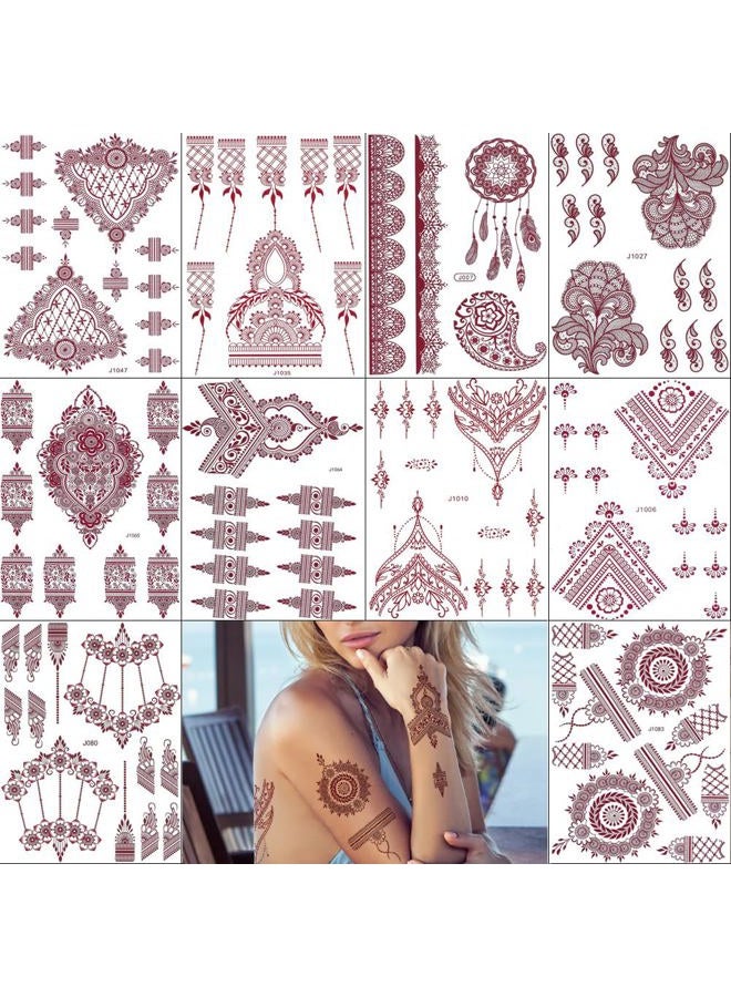 PPVWEY 10 Sheets Henna Tattoos Temporary Stickers 10Pcs Brown Tattoo Templates Women Body Art Stickers for Wedding Party(10pcs Brown) - Image 1