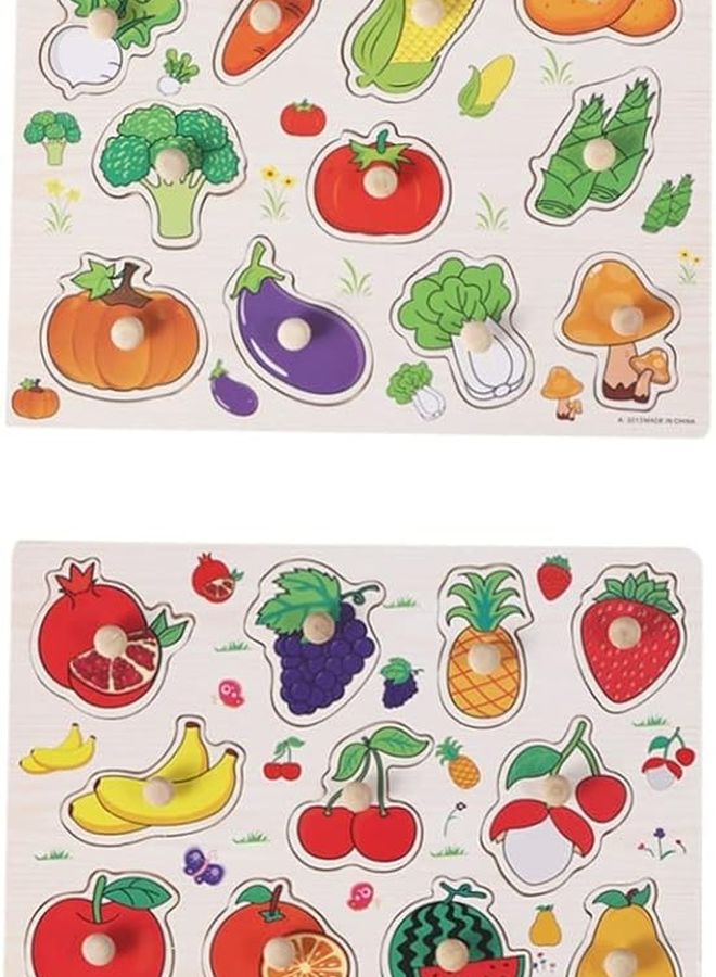 Wooden Peg Puzzle For Toddlers Fruits Vegetables Early Learning Toy Hand Eye Coordination - Image 1
