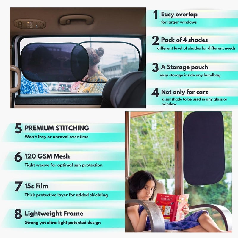 Car Side Window Sun Shade for Baby & Driver (4Pk) - Certified UV Protection - Image 3