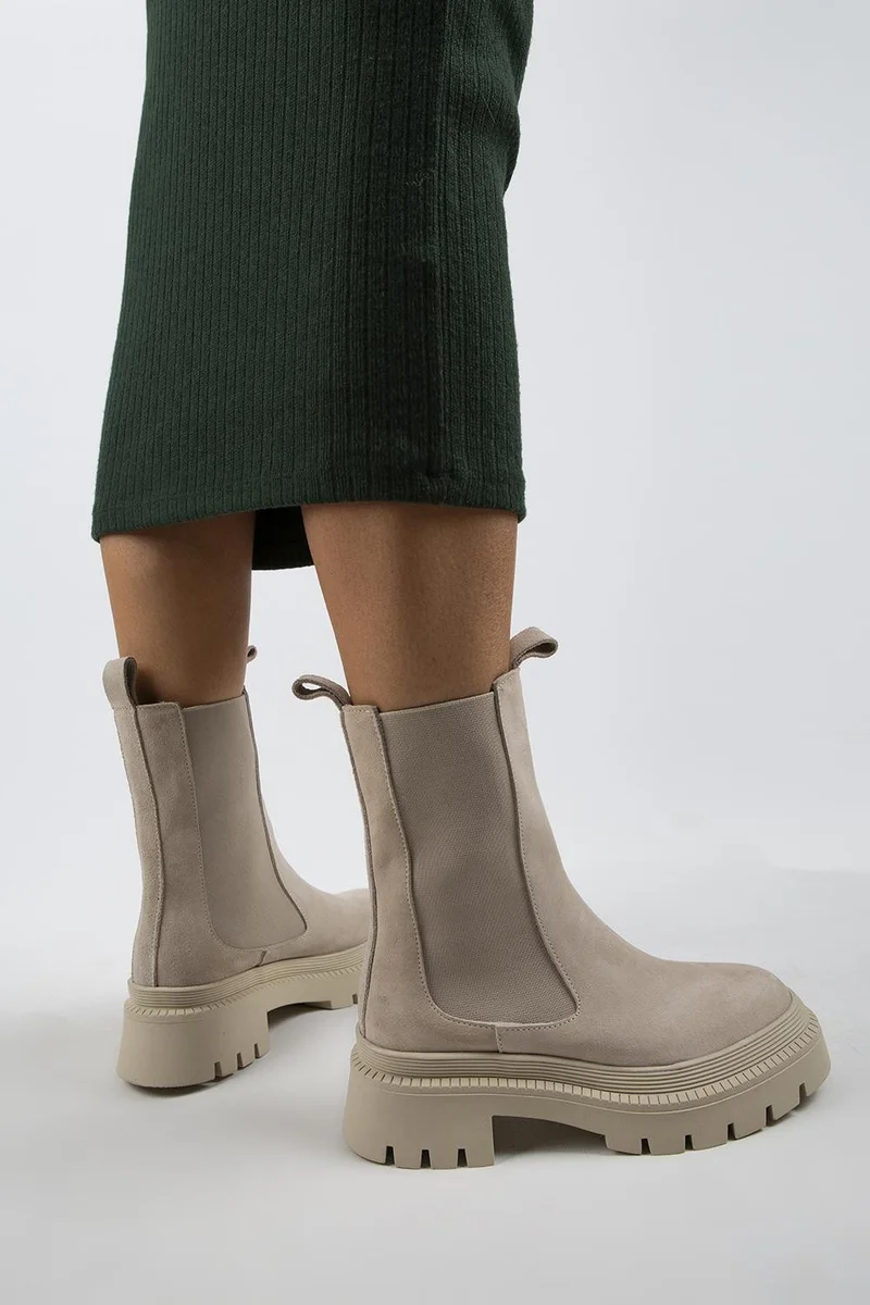 Manijero Manijero Agatha Women's Genuine Leather Double-Sided Elasticated Square Toe Beige Suede Boot