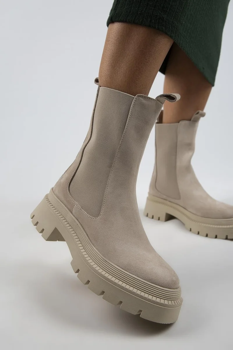 Manijero Manijero Agatha Women's Genuine Leather Double-Sided Elasticated Square Toe Beige Suede Boot