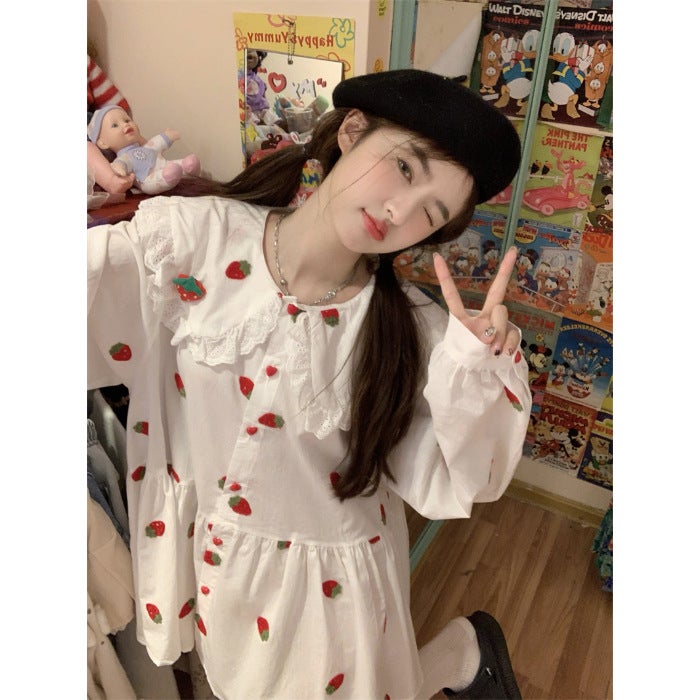 Sweet Korean Strawberry Print Long Sleeve Dress Picture Color * Send Strawberry Pin