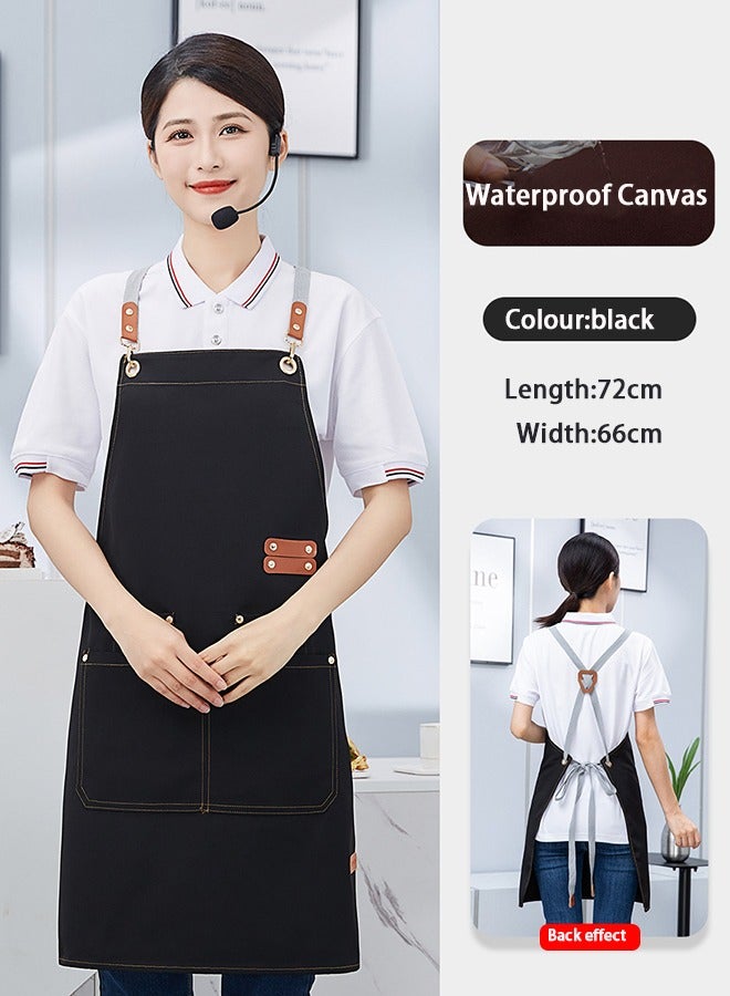 1PCS Cross Back Apron with Adjustable Straps and Large Pockets Canvas Waterproof Fabric Chef Apron Kitchen Cooking Baking Hairstylist Woodworking Welding Carpenter Work Bib Apron Black - Image 2