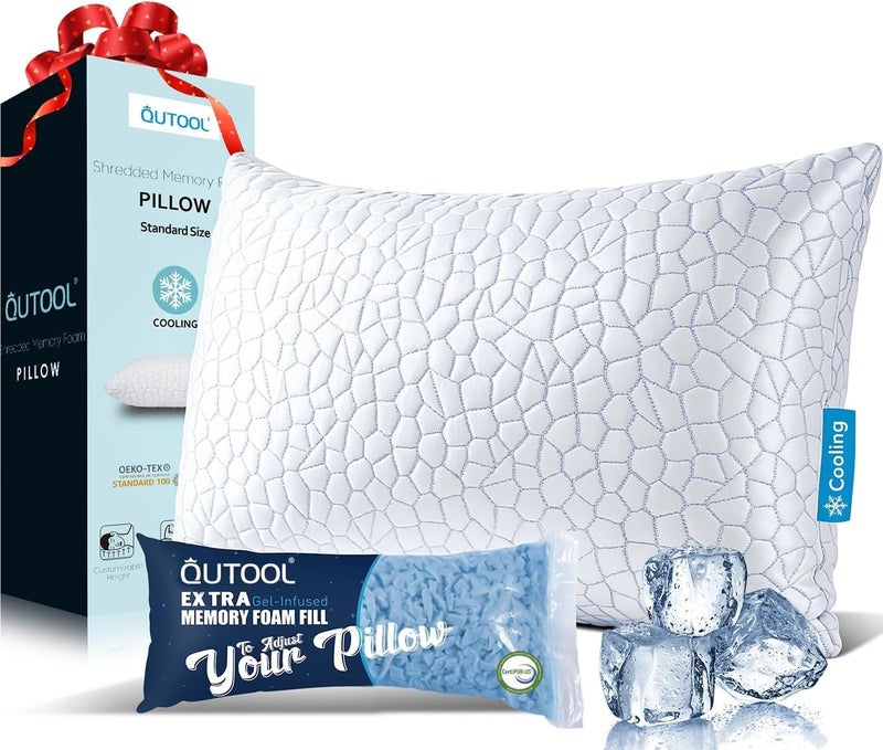 QUTOOL Cooling Pillow for Sleeping, CertiPUR-US Shredded Memory Foam Standard Pillow Set of 1, Cool Pillow for Hot Sleepers Adjustable Firm Pillow for Side,Back,Stomach Sleepers Soft Yet Support,White - Image 1