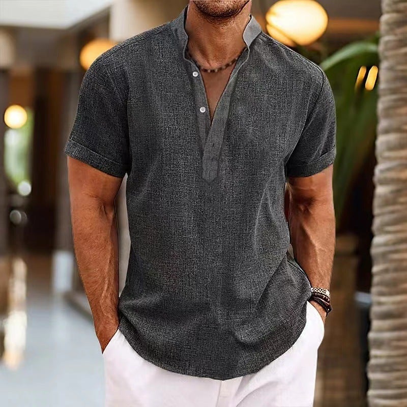 2024 Hot Selling Mens Solid Color Simple Short Sleeve Pullover Stand Collar Shirt Casual Scene China Mainland Origin Dark gray