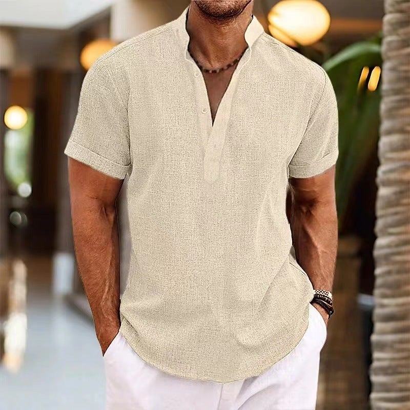 2024 Hot Selling Mens Solid Color Simple Short Sleeve Pullover Stand Collar Shirt Casual Scene China Mainland Origin Dark gray