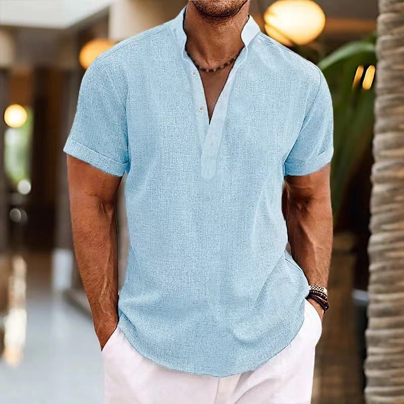 2024 Hot Selling Mens Solid Color Simple Short Sleeve Pullover Stand Collar Shirt Casual Scene China Mainland Origin Dark gray