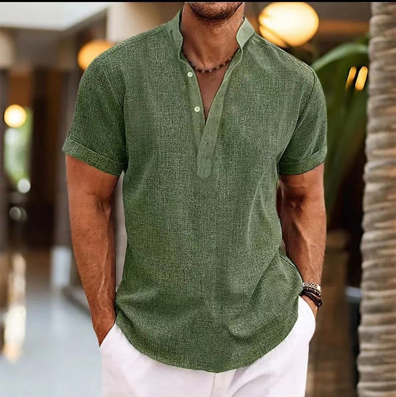 2024 Hot Selling Mens Solid Color Simple Short Sleeve Pullover Stand Collar Shirt Casual Scene China Mainland Origin Dark gray