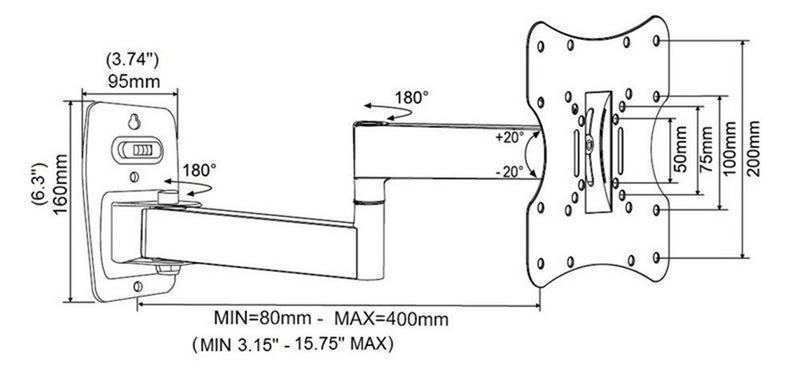 INLAND ProHT Articulating TV Wall Mount Full Motion (05329) for TV Flat Panel Monitor 23'' to 42,Tilt 15°，Swivel 90°,VESA up to 200x200,Cold-Rolled Steel Material, Max Load 55 Lbs, Black - Image 4