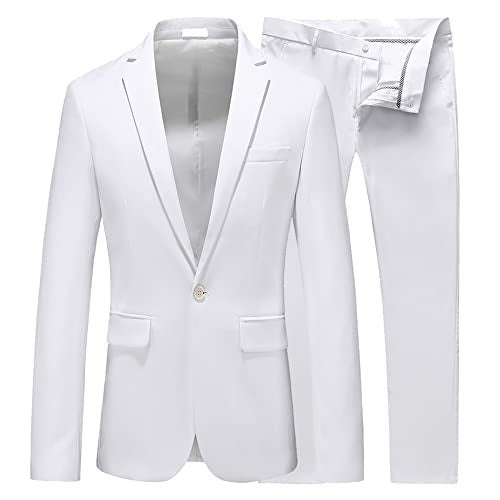 UNINUKOO Mens Suit Slim Fit 1 Button 2 Piece Wedding Party Holiday Solid Color Tux Suits for Men US Size 36 White - Image 1