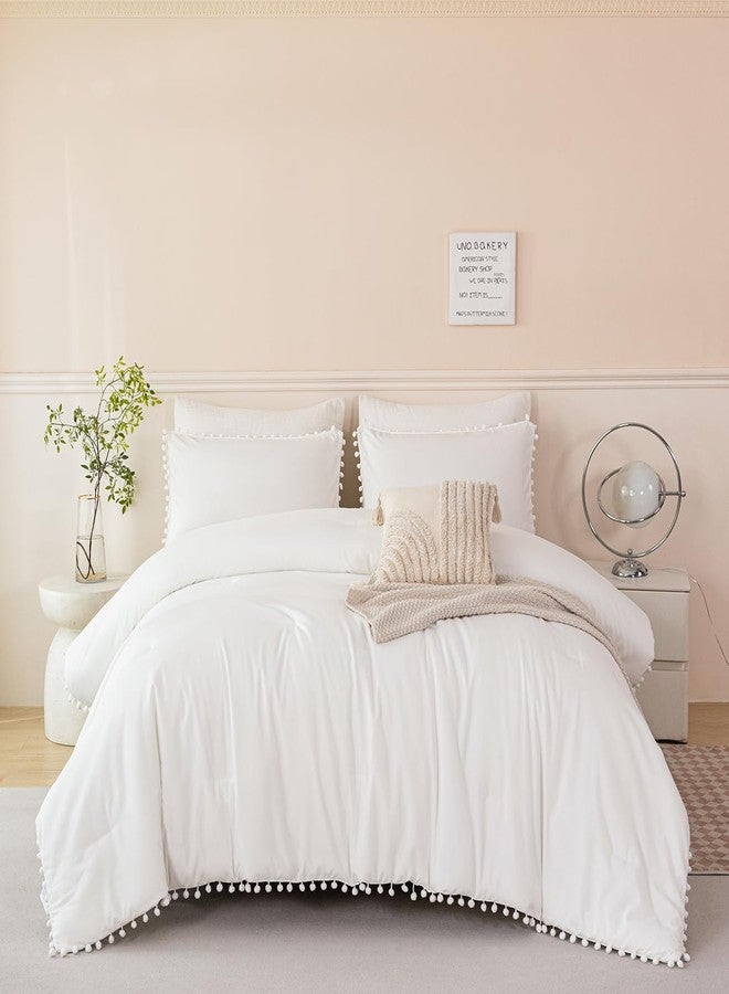 PERFEMET 5 Pcs Ivory Comforter Sets Full Size Pom Pom Fringe Solid Bedding Set with Sheets Soft Lightweight White Kids Bed in A Bag for Girls Boys(Ivory, Full) - Image 2