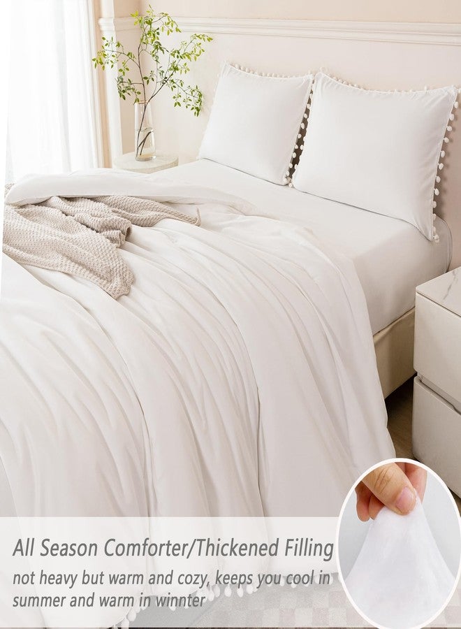 PERFEMET 5 Pcs Ivory Comforter Sets Full Size Pom Pom Fringe Solid Bedding Set with Sheets Soft Lightweight White Kids Bed in A Bag for Girls Boys(Ivory, Full) - Image 5